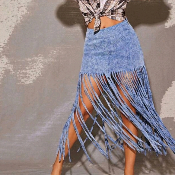Fringe Hem Stretch Denim Short Skirt, Boho, Brunch Outfits For Women, Spring
